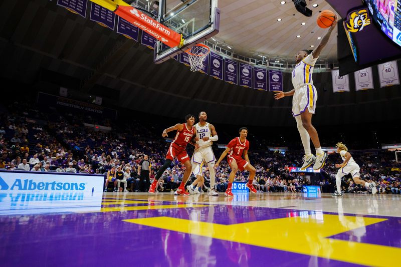 Feb 4, 2023; Baton Rouge, Louisiana, USA; LSU Tigers guard Cam Hayes (1) rebounds the ball against the Alabama Crimson Tide during the second half at Pete Maravich Assembly Center. Mandatory Credit: Andrew Wevers-USA TODAY Sports