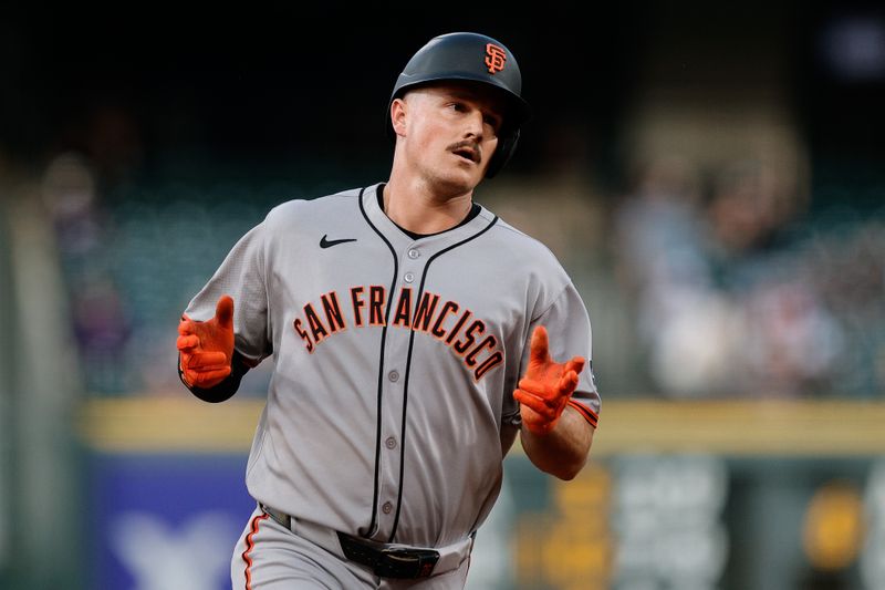 Sep 3, 2025; Denver, Colorado, USA; San Francisco Giants third baseman Matt Chapman (26) rounds the bases on a solo home run in the second inning against the Colorado Rockies at Coors Field. Mandatory Credit: Isaiah J. Downing-Imagn Images
