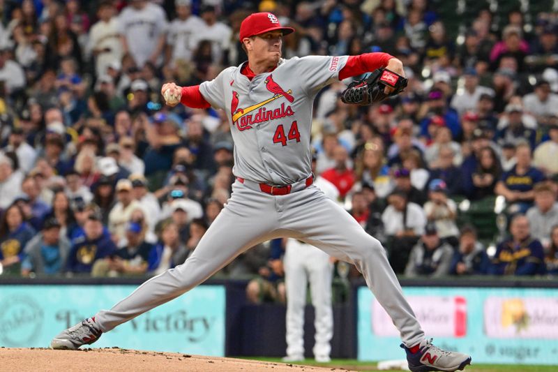 May 11, 2024; Milwaukee, Wisconsin, USA;  St. Louis Cardinals pitcher Kyle Gibson (44) throws against the Milwaukee Brewers in the first inning at American Family Field. Mandatory Credit: Benny Sieu-USA TODAY Sports