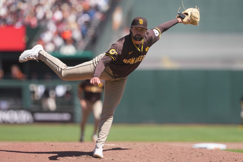 Apr 7, 2024; San Francisco, California, USA; San Diego Padres starting pitcher Matt Waldron (61) throws a pitch against the San Francisco Giants during the fifth inning at Oracle Park. Mandatory Credit: Darren Yamashita-USA TODAY Sports