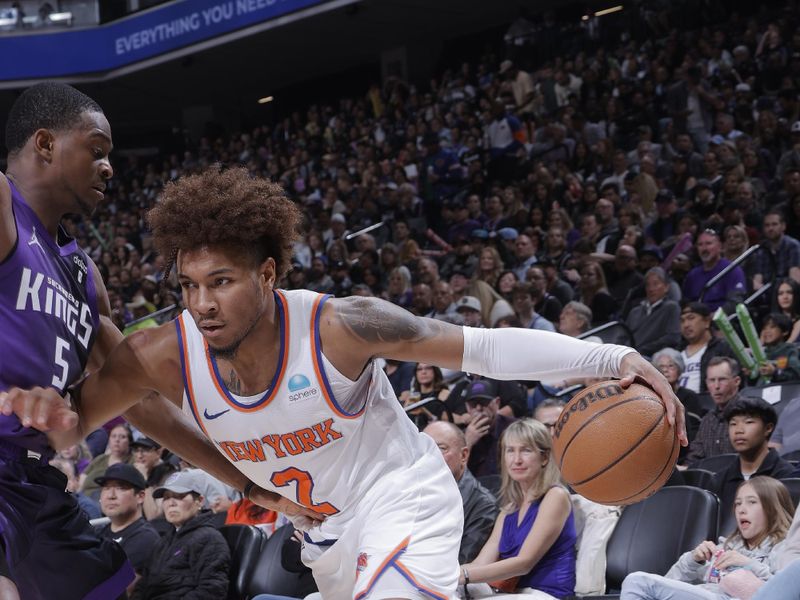 SACRAMENTO, CA - MARCH 16: Miles McBride #2 of the New York Knicks dribbles the ball during the game against the Sacramento Kings on March 16, 2024 at Golden 1 Center in Sacramento, California. NOTE TO USER: User expressly acknowledges and agrees that, by downloading and or using this Photograph, user is consenting to the terms and conditions of the Getty Images License Agreement. Mandatory Copyright Notice: Copyright 2024 NBAE (Photo by Rocky Widner/NBAE via Getty Images)