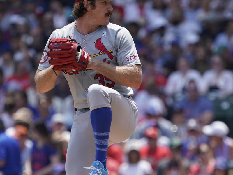 Jun 16, 2024; Chicago, Illinois, USA; St. Louis Cardinals pitcher Miles Mikolas (39) throws the ball against the Chicago Cubs during the first inning  at Wrigley Field. Mandatory Credit: David Banks-USA TODAY Sports