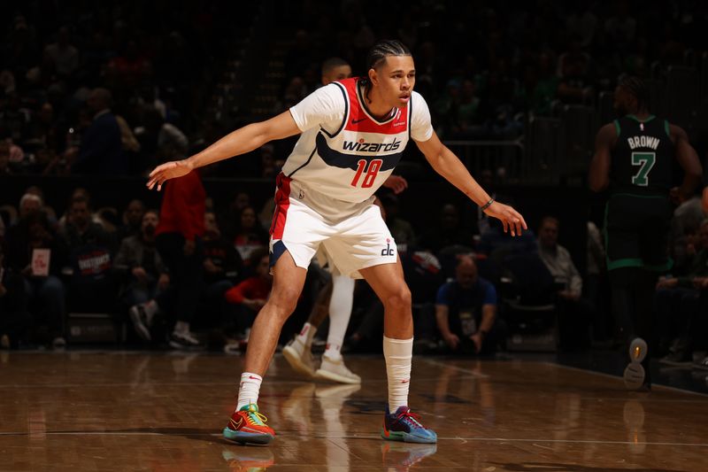 WASHINGTON, DC -? OCTOBER 24: Kyshawn George #18 of the Washington Wizards plays defense during the game against the Boston Celtics on October 24, 2024 at Capital One Arena in Washington, DC. NOTE TO USER: User expressly acknowledges and agrees that, by downloading and or using this Photograph, user is consenting to the terms and conditions of the Getty Images License Agreement. Mandatory Copyright Notice: Copyright 2024 NBAE (Photo by Stephen Gosling/NBAE via Getty Images)