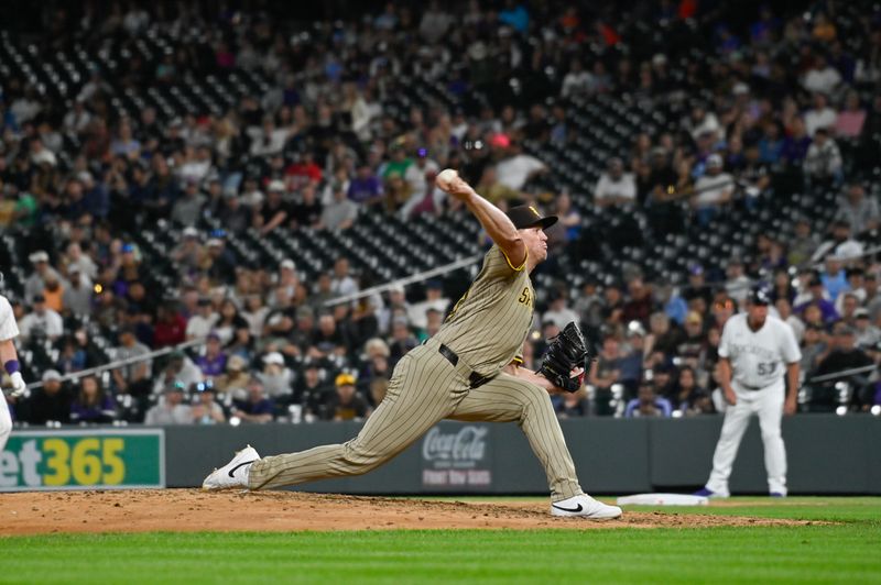 May 10, 2025; Denver, Colorado, USA;  San Diego Padres pitcher Stephen Kolek (32) delivers a pitch for the final out and complete game shutout against the Colorado Rockies at Coors Field. Mandatory Credit: John Leyba-Imagn Images