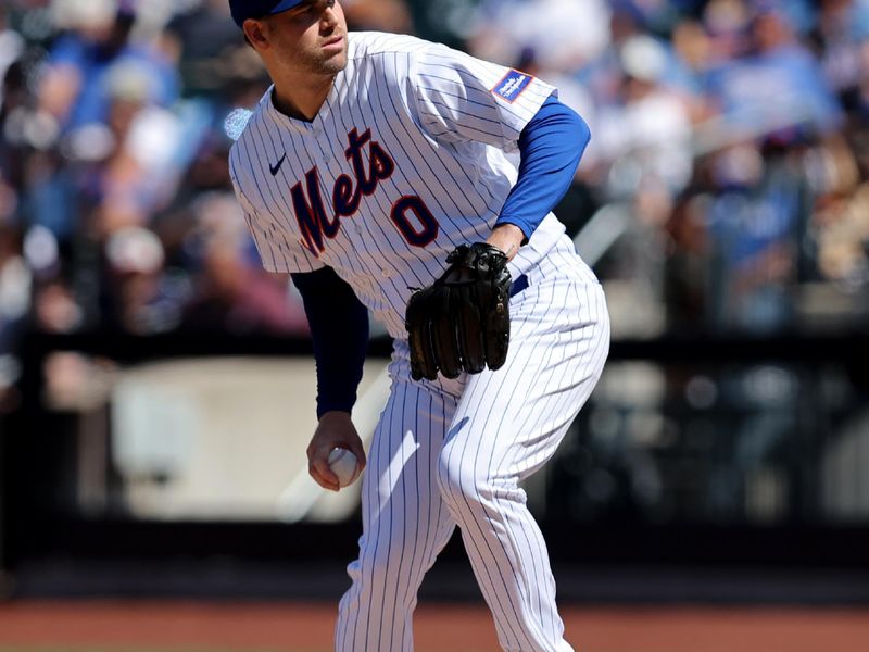 Aug 27, 2023; New York City, New York, USA; New York Mets relief pitcher Adam Ottavino (0) pitches against the Los Angeles Angels during the ninth inning at Citi Field. Mandatory Credit: Brad Penner-USA TODAY Sports