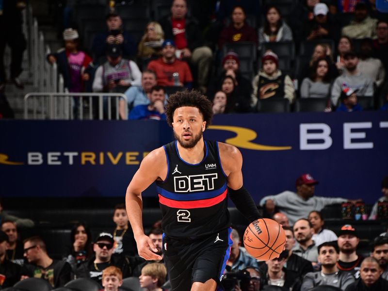 DETROIT, MI - MARCH 1: Cade Cunningham #2 of the Detroit Pistons handles the ball during the game against the Cleveland Cavaliers on March 1, 2024 at Little Caesars Arena in Detroit, Michigan. NOTE TO USER: User expressly acknowledges and agrees that, by downloading and/or using this photograph, User is consenting to the terms and conditions of the Getty Images License Agreement. Mandatory Copyright Notice: Copyright 2024 NBAE (Photo by Chris Schwegler/NBAE via Getty Images)