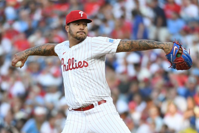 Aug 13, 2024; Philadelphia, Pennsylvania, USA; Philadelphia Phillies starting pitcher Taijuan Walker (99) throws a pitch against the Miami Marlins during the second inning at Citizens Bank Park. Mandatory Credit: Eric Hartline-USA TODAY Sports