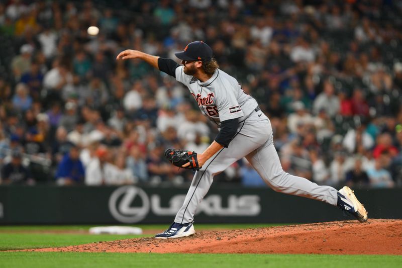 Aug 7, 2024; Seattle, Washington, USA; Detroit Tigers relief pitcher Jason Foley (68) pitches to the Seattle Mariners during the eighth inning at T-Mobile Park. Mandatory Credit: Steven Bisig-USA TODAY Sports