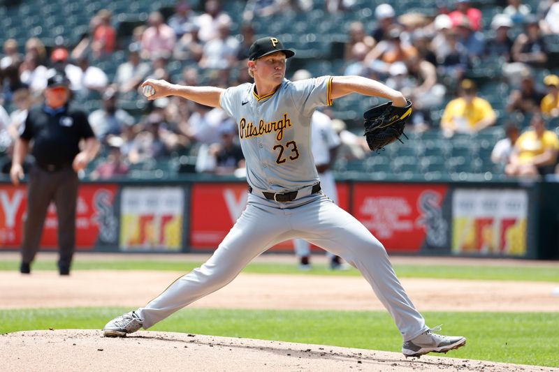 Jul 14, 2024; Chicago, Illinois, USA; Pittsburgh Pirates starting pitcher Mitch Keller (23) delivers a pitch against the Chicago White Sox during the first inning at Guaranteed Rate Field. Mandatory Credit: Kamil Krzaczynski-USA TODAY Sports