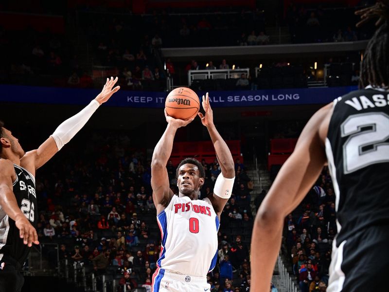 DETROIT, MI - JANUARY 10: Jalen Duren #0 of the Detroit Pistons shoots the ball during the game against the San Antonio Spurs  on January 10, 2024 at Little Caesars Arena in Detroit, Michigan. NOTE TO USER: User expressly acknowledges and agrees that, by downloading and/or using this photograph, User is consenting to the terms and conditions of the Getty Images License Agreement. Mandatory Copyright Notice: Copyright 2024 NBAE (Photo by Chris Schwegler/NBAE via Getty Images)