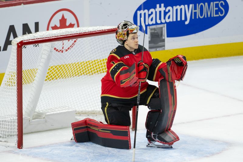 Oct 27, 2025; Ottawa, Ontario, CAN; Ottawa Senators goaltender Leevi Merilainen (1) takes a knee during a break in the third period against the Boston Bruins at the Canadian Tire Centre. Mandatory Credit: Marc DesRosiers-IMAGN Images