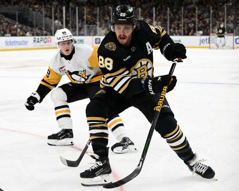 Mar 9, 2024; Boston, Massachusetts, USA; Boston Bruins right wing David Pastrnak (88) skates against Pittsburgh Penguins right wing Valtteri Puustinen (48) during the first period at the TD Garden. Mandatory Credit: Brian Fluharty-USA TODAY Sports