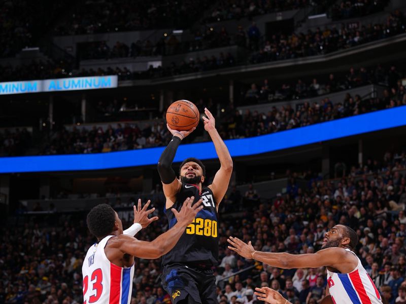 DENVER, CO - JANUARY 7: Jamal Murray #27 of the Denver Nuggets shoots the ball during the game against the Detroit Pistons on January 7, 2024 at the Ball Arena in Denver, Colorado. NOTE TO USER: User expressly acknowledges and agrees that, by downloading and/or using this Photograph, user is consenting to the terms and conditions of the Getty Images License Agreement. Mandatory Copyright Notice: Copyright 2024 NBAE (Photo by Bart Young/NBAE via Getty Images)