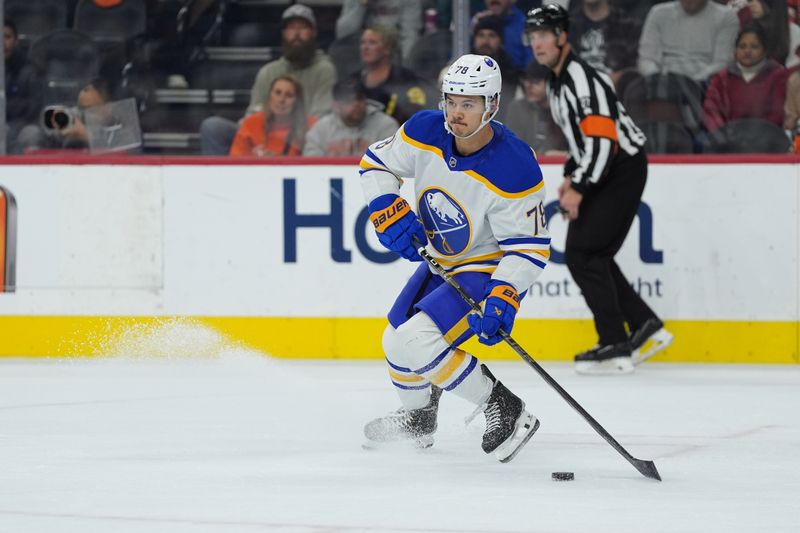 Nov 16, 2024; Philadelphia, Pennsylvania, USA; Buffalo Sabres defenseman Jacob Bryson (78) controls the puck against the Philadelphia Flyers in the first period at Wells Fargo Center. Mandatory Credit: Kyle Ross-Imagn Images