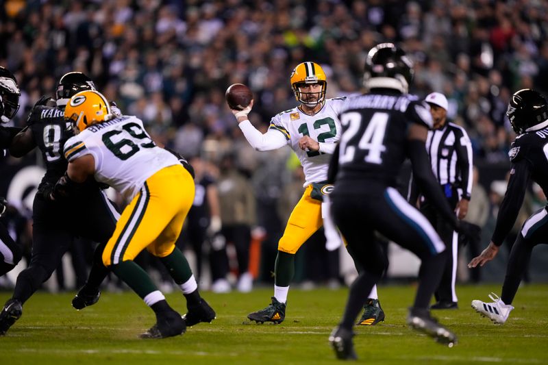 Green Bay Packers quarterback Aaron Rodgers in action during an NFL football game, Sunday, Nov. 27, 2022, in Philadelphia. (AP Photo/Matt Rourke)