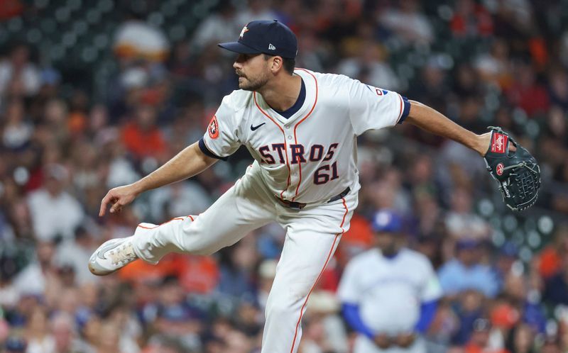 Apr 3, 2024; Houston, Texas, USA; Houston Astros relief pitcher Seth Martinez (61) delivers a pitch during the sixth inning against the Toronto Blue Jays at Minute Maid Park. Mandatory Credit: Troy Taormina-USA TODAY Sports