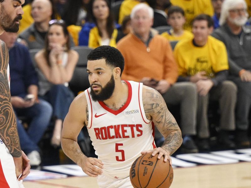SAN FRANCISCO, CA - APRIL 28: Fred VanVleet #5 of the Houston Rockets dribbles the ball during the game against the Golden State Warriors during Round One Game Four of the 2025 NBA Playoffs on April 28, 2025 at Chase Center in San Francisco, California. NOTE TO USER: User expressly acknowledges and agrees that, by downloading and or using this photograph, user is consenting to the terms and conditions of Getty Images License Agreement. Mandatory Copyright Notice: Copyright 2025 NBAE (Photo by David Dow/NBAE via Getty Images)