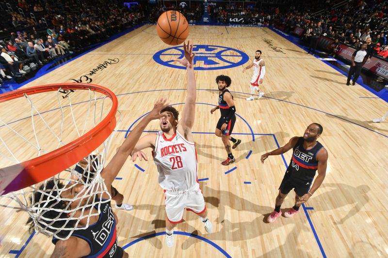 DETROIT, MI - JANUARY 12: Alperen Sengun #28 of the Houston Rockets shoots the ball during the game against the Detroit Pistons on January 12, 2024 at Little Caesars Arena in Detroit, Michigan. NOTE TO USER: User expressly acknowledges and agrees that, by downloading and/or using this photograph, User is consenting to the terms and conditions of the Getty Images License Agreement. Mandatory Copyright Notice: Copyright 2024 NBAE (Photo by Chris Schwegler/NBAE via Getty Images)