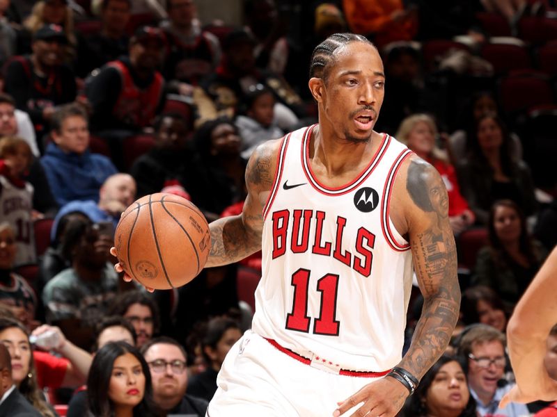 CHICAGO, IL - OCTOBER 19: DeMar DeRozan #11 of the Chicago Bulls dribbles the ball during the game against the Minnesota Timberwolves on October 19, 2023 at United Center in Chicago, Illinois. NOTE TO USER: User expressly acknowledges and agrees that, by downloading and or using this photograph, User is consenting to the terms and conditions of the Getty Images License Agreement. Mandatory Copyright Notice: Copyright 2023 NBAE (Photo by Jeff Haynes/NBAE via Getty Images)