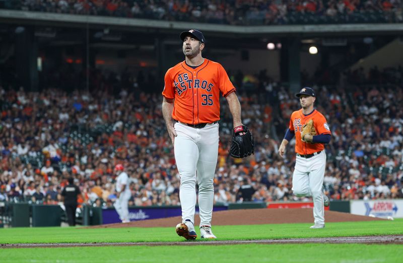 Sep 20, 2024; Houston, Texas, USA; Houston Astros starting pitcher Justin Verlander (35) walks off the mound after pitching during the first inning against the Los Angeles Angels at Minute Maid Park. Mandatory Credit: Troy Taormina-Imagn Images