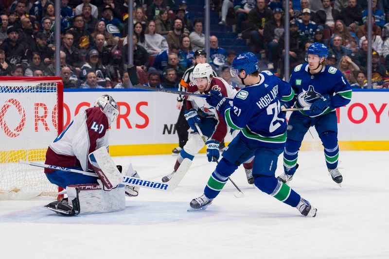 Mar 13, 2024; Vancouver, British Columbia, CAN; Colorado Avalanche goalie Alexandar Georgiev (40) makes a save on Vancouver Canucks forward Nils Hoglander (21) in the third period at Rogers Arena. Colorado won 4 -3 in overtime. Mandatory Credit: Bob Frid-USA TODAY Sports