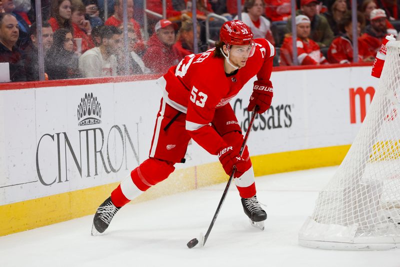 Dec 29, 2023; Detroit, Michigan, USA; Detroit Red Wings defenseman Moritz Seider (53) handles the puck during the third period of the game between the Detroit Red Wings and the Nashville Predators at Little Caesars Arena. Mandatory Credit: Brian Bradshaw Sevald-USA TODAY Sports