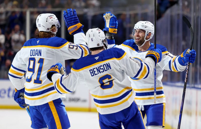 Oct 15, 2025; Buffalo, New York, USA;  Buffalo Sabres left wing Jason Zucker (17) celebrates his goal withy teammates during the second period against the Ottawa Senators at KeyBank Center. Mandatory Credit: Timothy T. Ludwig-Imagn Images