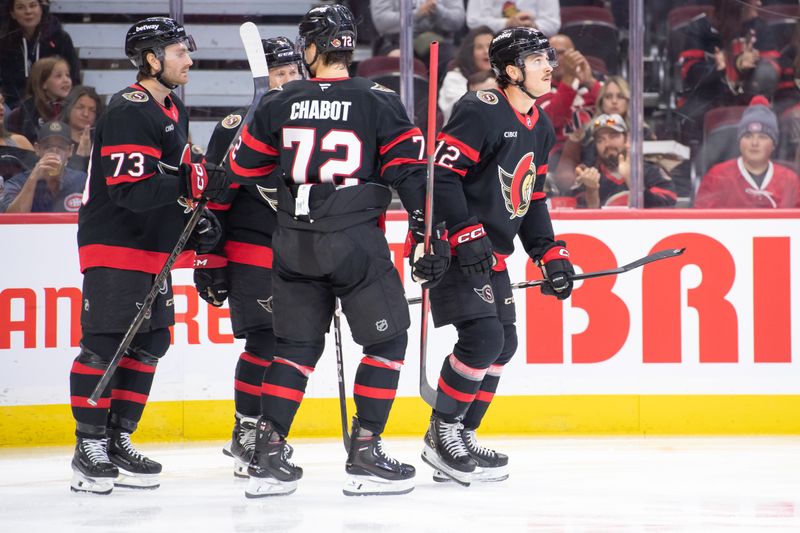 Oct 5, 2024; Ottawa, Ontario, CAN;  Ottawa Senators center Shane Pinto (12) after scoring in the first period against the Montreal Canadiens at the Canadian Tire Centre. Mandatory Credit: Marc DesRosiers-Imagn Images