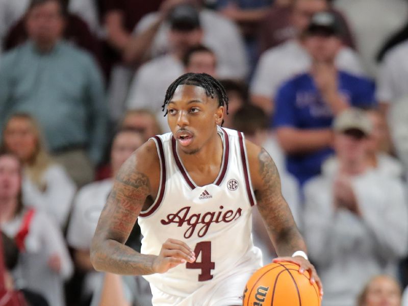 Dec 6, 2023; College Station, Texas, USA; Texas A&M Aggies guard Wade Taylor IV (4) brings the ball upcourt against the DePaul Blue Demons during the first half at Reed Arena. Mandatory Credit: Erik Williams-USA TODAY Sports