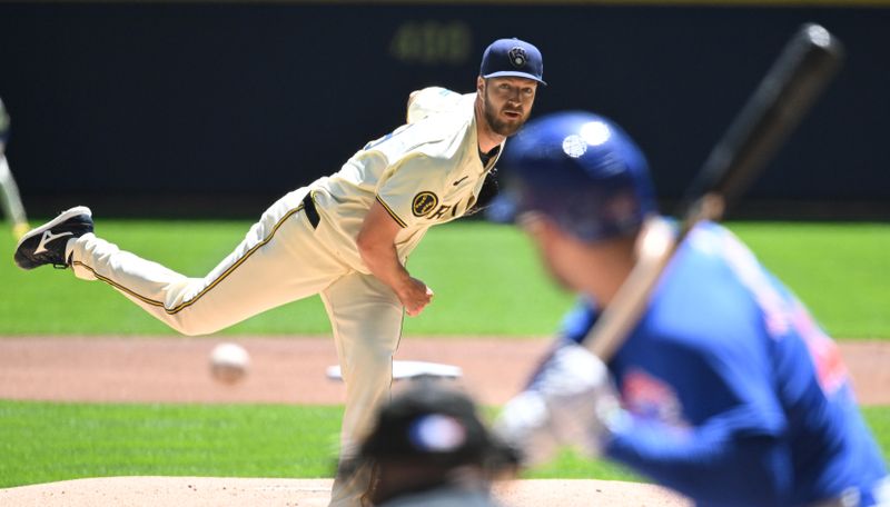 May 30, 2024; Milwaukee, Wisconsin, USA; Milwaukee Brewers starting pitcher Colin Rea (48) delivers a pitch against the Chicago Cubs in the first inning at American Family Field. Mandatory Credit: Michael McLoone-USA TODAY Sports