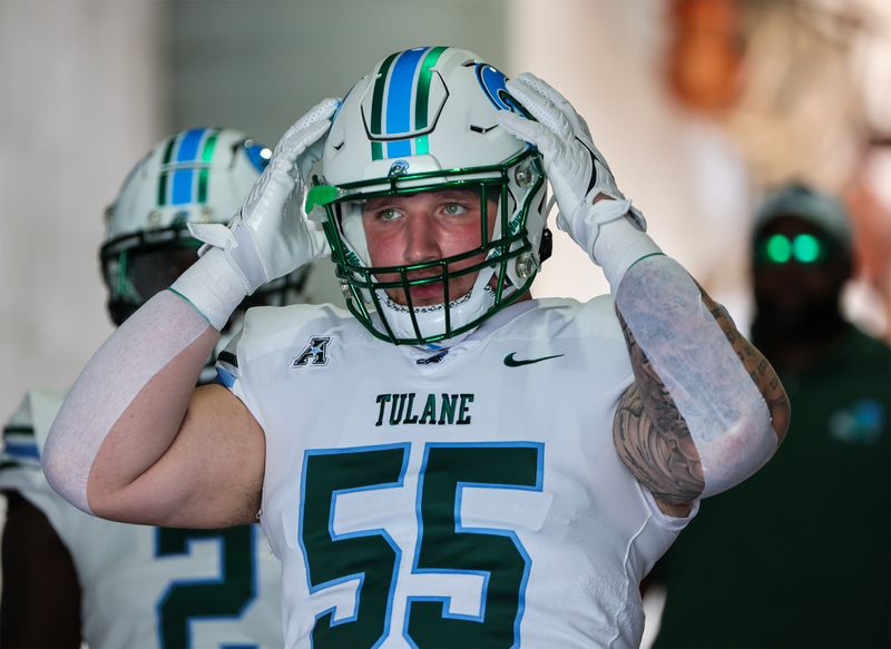 Oct 28, 2023; Houston, Texas, USA;  Tulane Green Wave defensive lineman Noah Taliancich (55) walks down to the tunnel from the field before playing against the Rice Owls at Rice Stadium. Mandatory Credit: Thomas Shea-USA TODAY Sports