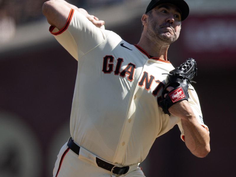 Sep 27, 2025; San Francisco, California, USA; San Francisco Giants starting pitcher Justin Verlander (35) delivers a pitch agianst the Colorado Rockies during the third inning at Oracle Park. Mandatory Credit: D. Ross Cameron-Imagn Images