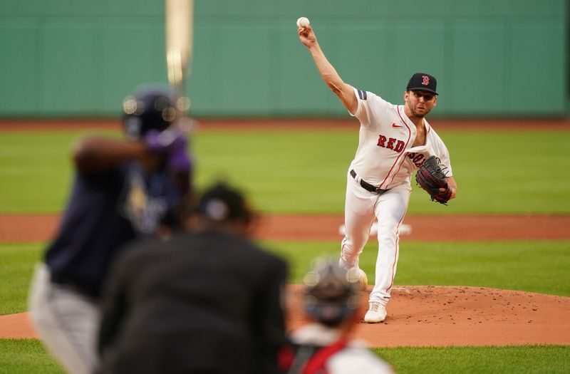 May 13, 2024; Boston, Massachusetts, USA; Boston Red Sox starting pitcher Kutter Crawford (50) throws a pitch against the Tampa Bay Rays in the first inning at Fenway Park. Mandatory Credit: David Butler II-USA TODAY Sports