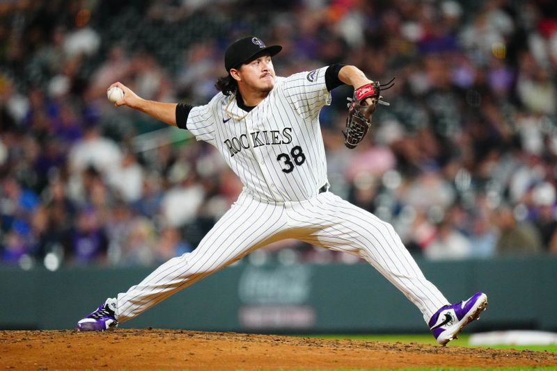 Aug 7, 2024; Denver, Colorado, USA; Colorado Rockies relief pitcher Victor Vodnik (38) delivers a pitch in the ninth inning against the Colorado Rockies at Coors Field. Mandatory Credit: Ron Chenoy-USA TODAY Sports