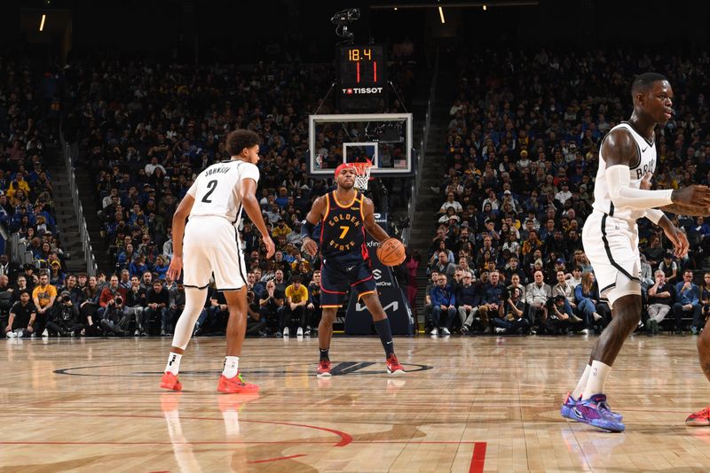 SAN FRANCISCO, CA - NOVEMBER 25: Buddy Hield #7 of the Golden State Warriors handles the ball during the game against the Brooklyn Nets on November 25, 2024 at Chase Center in San Francisco, California. NOTE TO USER: User expressly acknowledges and agrees that, by downloading and or using this photograph, user is consenting to the terms and conditions of Getty Images License Agreement. Mandatory Copyright Notice: Copyright 2024 NBAE (Photo by Noah Graham/NBAE via Getty Images)