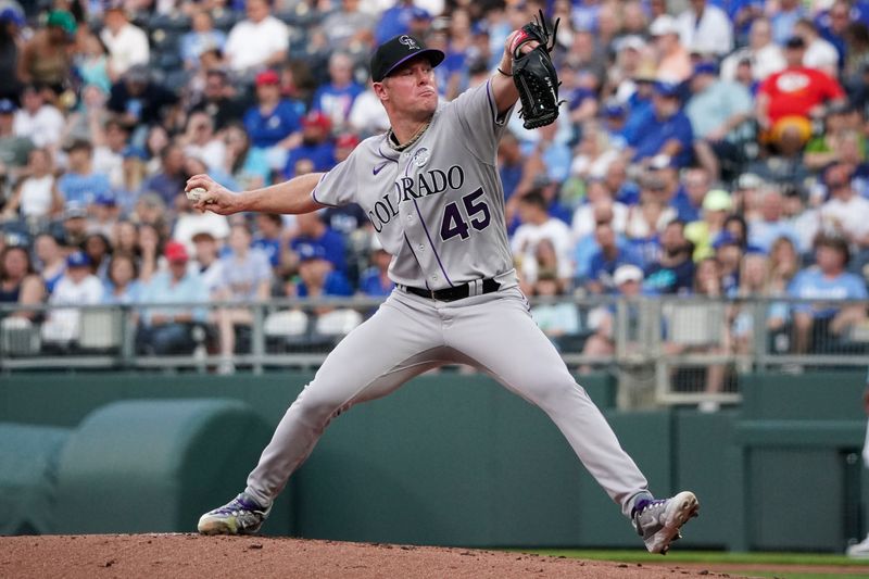 Jun 2, 2023; Kansas City, Missouri, USA; Colorado Rockies starting pitcher Chase Anderson (45) delivers a pitch against the Kansas City Royals in the first inning at Kauffman Stadium. Mandatory Credit: Denny Medley-USA TODAY Sports