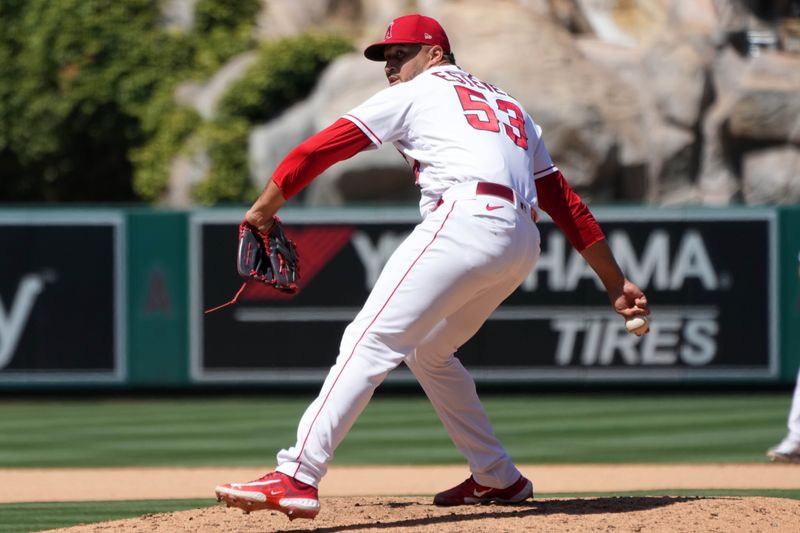 Jul 2, 2023; Anaheim, California, USA; Los Angeles Angels relief pitcher Carlos Estevez (53) throws in the ninth inning against the Arizona Diamondbacks at Angel Stadium. Mandatory Credit: Kirby Lee-USA TODAY Sports