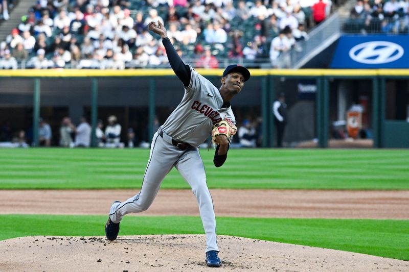 May 11, 2024; Chicago, Illinois, USA;  Cleveland Guardians pitcher Triston McKenzie (24) delivers against the Chicago White Sox during the first inning at Guaranteed Rate Field. Mandatory Credit: Matt Marton-USA TODAY Sports