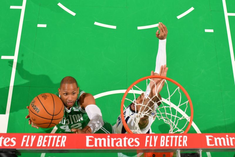 BOSTON, MA - JUNE 17: Al Horford #42 of the Boston Celtics drives to the basket during the game against the Dallas Mavericks during Game 5 of the 2024 NBA Finals on June 17, 2024 at the TD Garden in Boston, Massachusetts. NOTE TO USER: User expressly acknowledges and agrees that, by downloading and or using this photograph, User is consenting to the terms and conditions of the Getty Images License Agreement. Mandatory Copyright Notice: Copyright 2024 NBAE  (Photo by Jesse D. Garrabrant/NBAE via Getty Images)