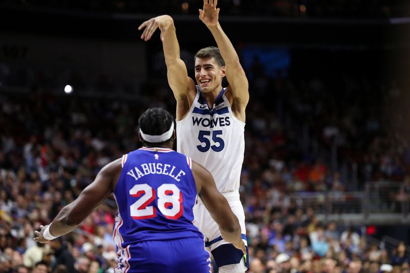 DES MOINES, IA -  OCTOBER 11: Luka Garza #55 of the Minnesota Timberwolves smiles during the game against the Philadelphia 76ers during a NBA pre season game on October 11, 2024 at the Wells Fargo Arena in Des Moines, Iowa. NOTE TO USER: User expressly acknowledges and agrees that, by downloading and or using this Photograph, user is consenting to the terms and conditions of the Getty Images License Agreement. Mandatory Copyright Notice: Copyright 2024 NBAE (Photo by Jasey Bradwell/NBAE via Getty Images)