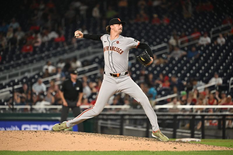 Aug 6, 2024; Washington, District of Columbia, USA; San Francisco Giants relief pitcher Sean Hjelle (64) throws a pitch against the Washington Nationals during the sixth inning at Nationals Park. Mandatory Credit: Rafael Suanes-USA TODAY Sports