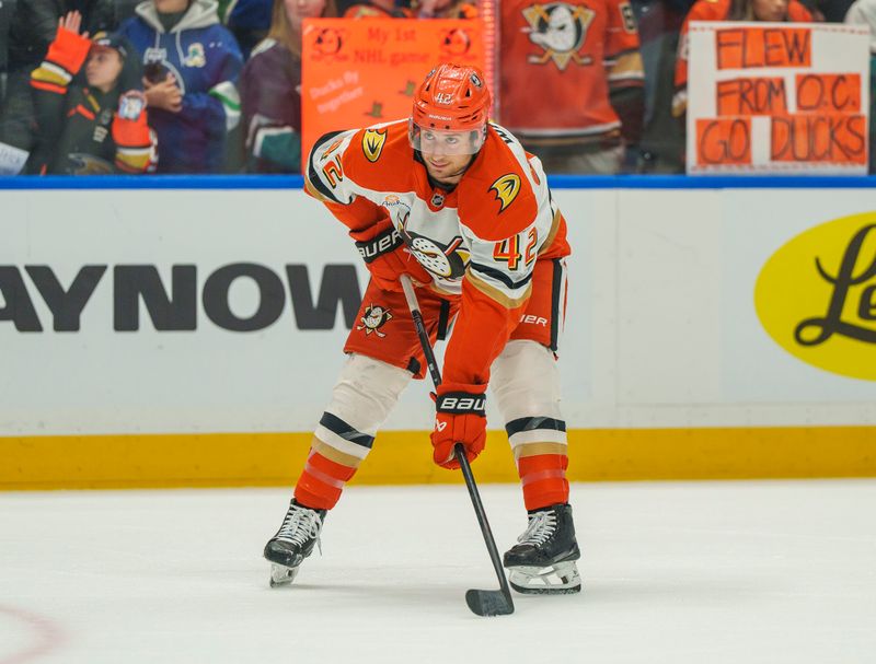 Jan 29, 2026; Vancouver, British Columbia, CAN;  Anaheim Ducks Center Tim Washe (42) during the warmup against the Vancouver Canucks at Rogers Arena. Mandatory Credit: Christopher Morris-Imagn Images