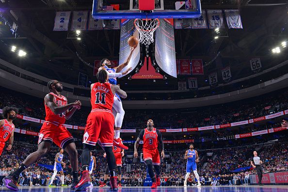 PHILADELPHIA, PA - JANUARY 2: Tobias Harris #12 of the Philadelphia 76ers drives to the basket during the game against the Chicago Bulls on January 2, 2024 at the Wells Fargo Center in Philadelphia, Pennsylvania NOTE TO USER: User expressly acknowledges and agrees that, by downloading and/or using this Photograph, user is consenting to the terms and conditions of the Getty Images License Agreement. Mandatory Copyright Notice: Copyright 2023 NBAE (Photo by Jesse D. Garrabrant/NBAE via Getty Images)