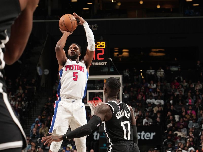 BROOKLYN, NY - NOVEMBER 3: Malik Beasley #5 of the Detroit Pistons shoots a three point basket during the game against the Brooklyn Nets on November 3, 2024 at Barclays Center in Brooklyn, New York. NOTE TO USER: User expressly acknowledges and agrees that, by downloading and or using this Photograph, user is consenting to the terms and conditions of the Getty Images License Agreement. Mandatory Copyright Notice: Copyright 2024 NBAE (Photo by Jesse D. Garrabrant/NBAE via Getty Images)