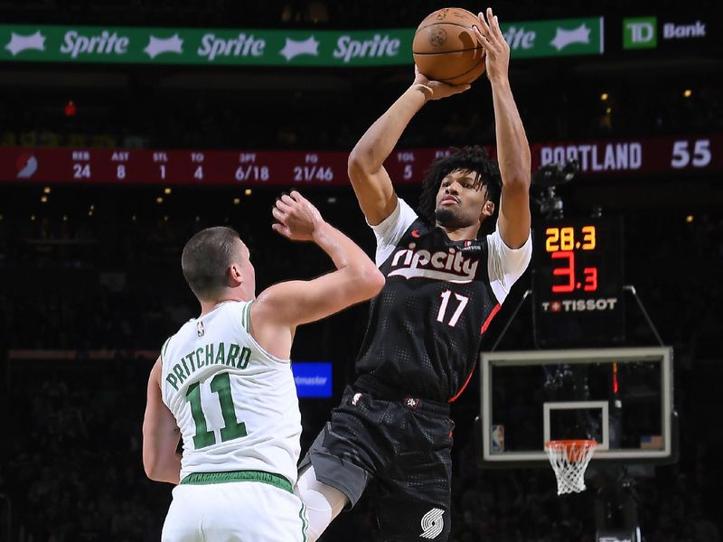 BOSTON, MA - MARCH 5: Shaedon Sharpe #17 of the Portland Trail Blazers shoots the ball during the game against the Boston Celtics on March 5, 2025 at TD Garden in Boston, Massachusetts. NOTE TO USER: User expressly acknowledges and agrees that, by downloading and/or using this Photograph, user is consenting to the terms and conditions of the Getty Images License Agreement. Mandatory Copyright Notice: Copyright 2025 NBAE (Photo by Brian Babineau/NBAE via Getty Images)