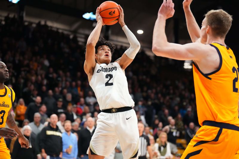 Feb 2, 2023; Boulder, Colorado, USA; Colorado Buffaloes guard KJ Simpson (2) shoots in the first half against the California Golden Bears at the CU Events Center. Mandatory Credit: Ron Chenoy-USA TODAY Sports