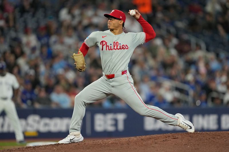 Jun 5, 2025; Toronto, Ontario, CAN; Philadelphia Phillies starting pitcher Jesus Luzardo (44) pitches to the Toronto Blue Jays during the third inning at Rogers Centre. Mandatory Credit: John E. Sokolowski-Imagn Images