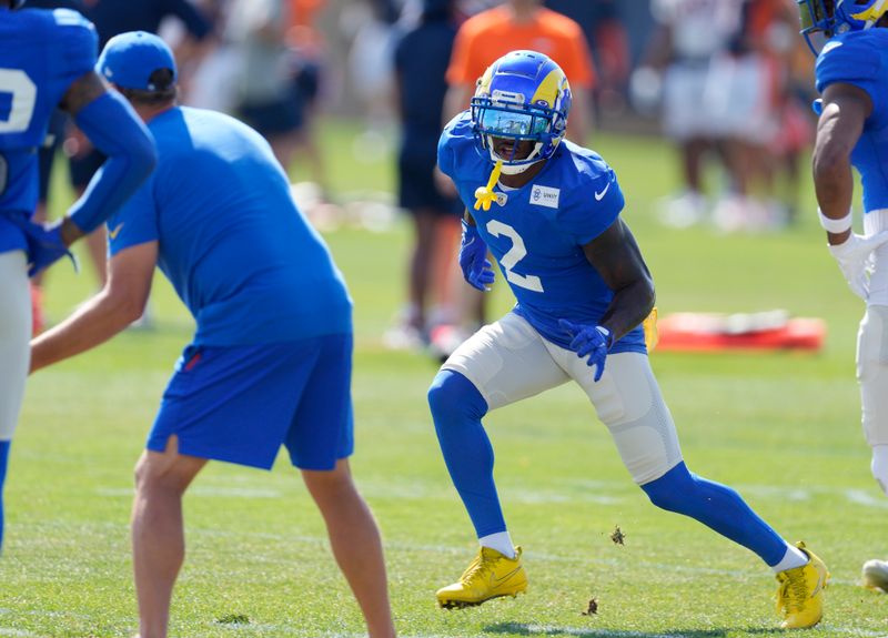 Los Angeles Rams safety Russ Yeast warms up before facing the Denver Broncos during an NFL football training camp practice, Wednesday, Aug. 23, 2023, at the Broncos' headquarters in Centennial, Colo. (AP Photo/David Zalubowski)