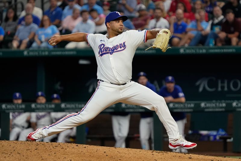 Sep 19, 2024; Arlington, Texas, USA; Texas Rangers pitcher Gerson Garabito (58) throws to the plate during the ninth inning against the Toronto Blue Jays at Globe Life Field. Mandatory Credit: Raymond Carlin III-Imagn Images