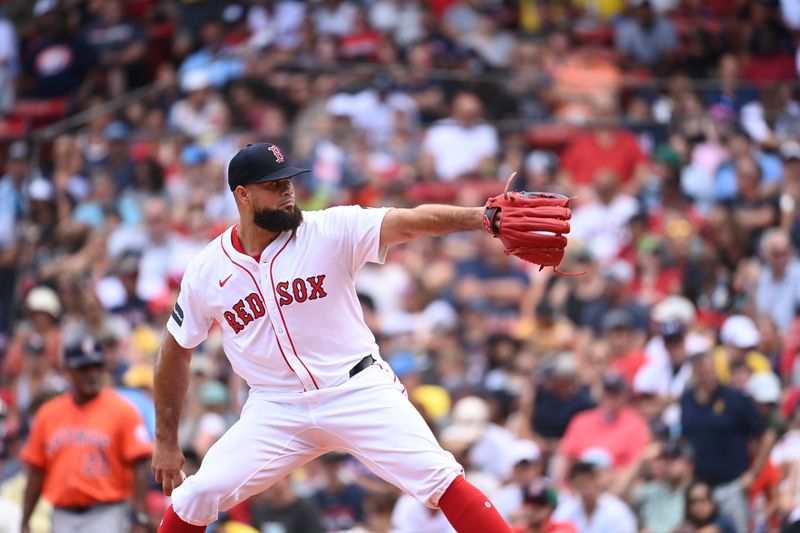 Aug 11, 2024; Boston, Massachusetts, USA; Boston Red Sox pitcher Luis Garcia (40) pitches against the Houston Astros during the fifth inning at Fenway Park. Mandatory Credit: Eric Canha-USA TODAY Sports